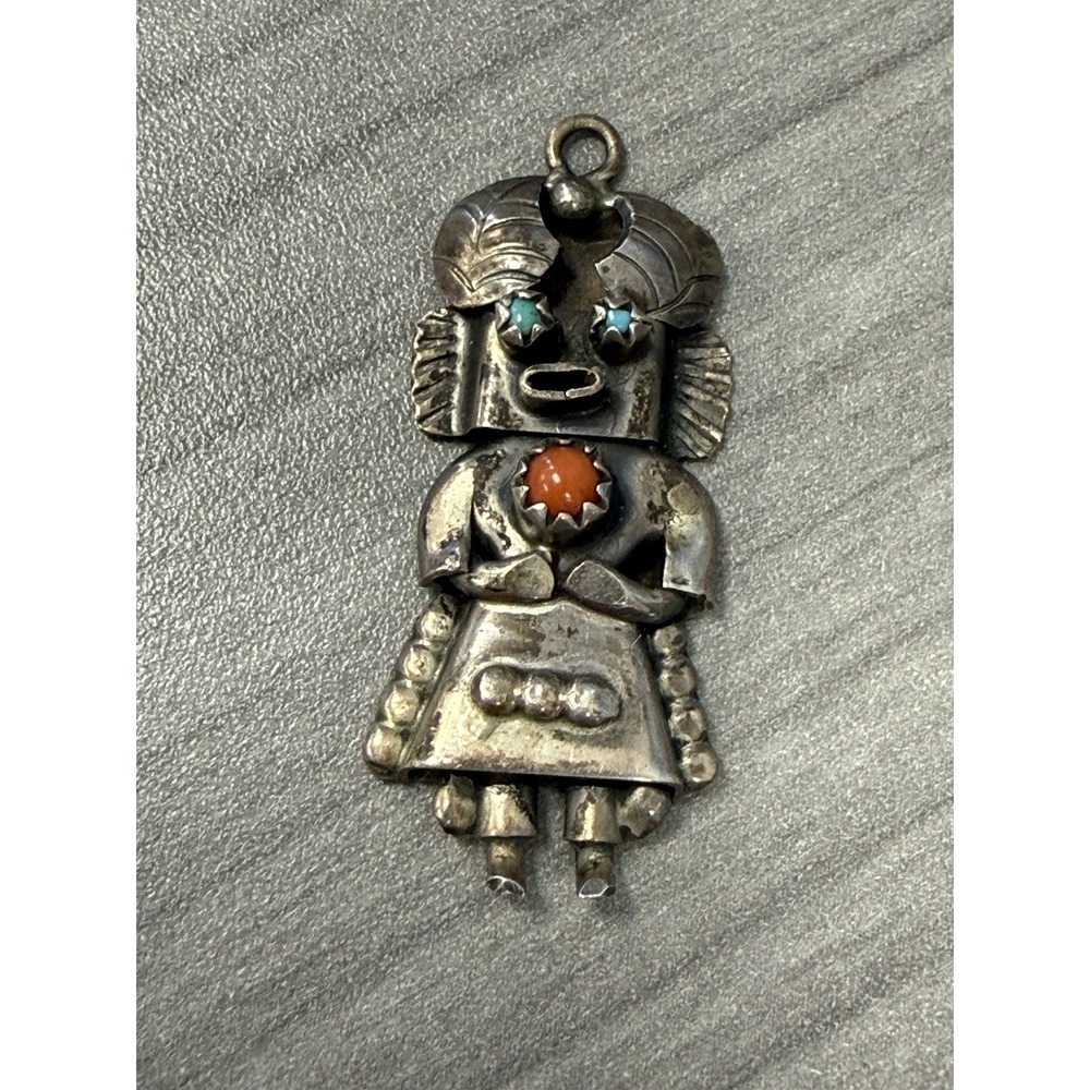 Vintage Orville Manygoats Navajo Kachina Sterling Silver Turquoise Coral Pendant